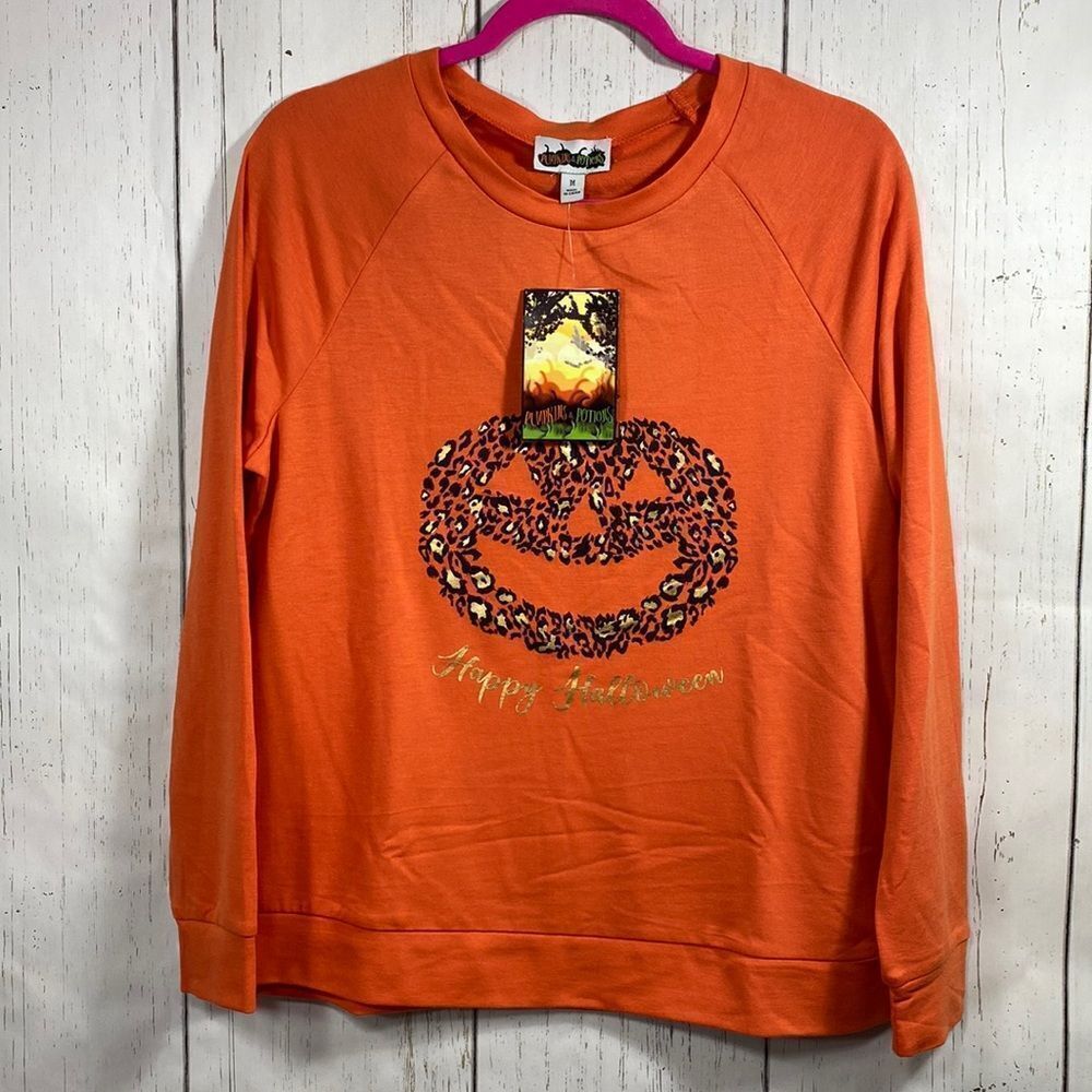 Pumpkins & Potions Happy Halloween Leopard Pumpkin Sweatshirt Orange Size M